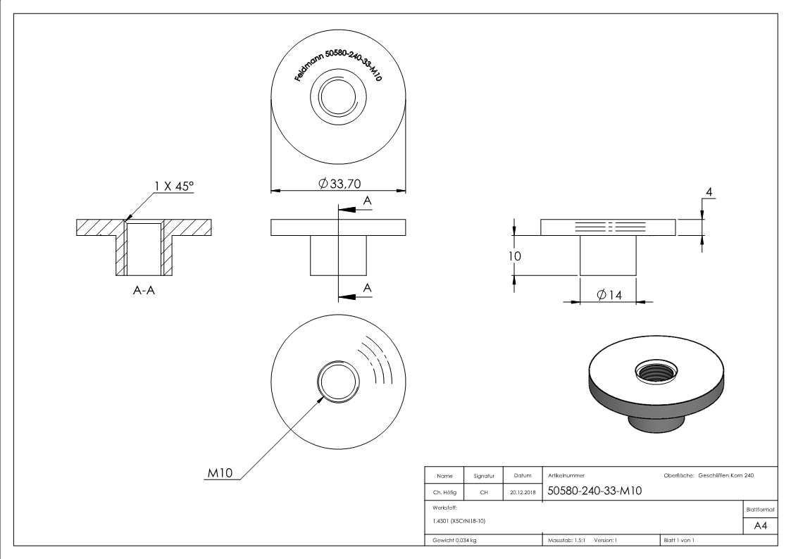 Plaque plate avec M10 pour tube Ø 33,7 mm V2A
