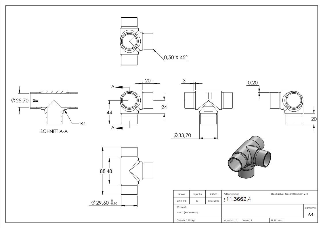 Traverse avec différentes sorties, pour tube Ø 33.7x2.0 mm V2A