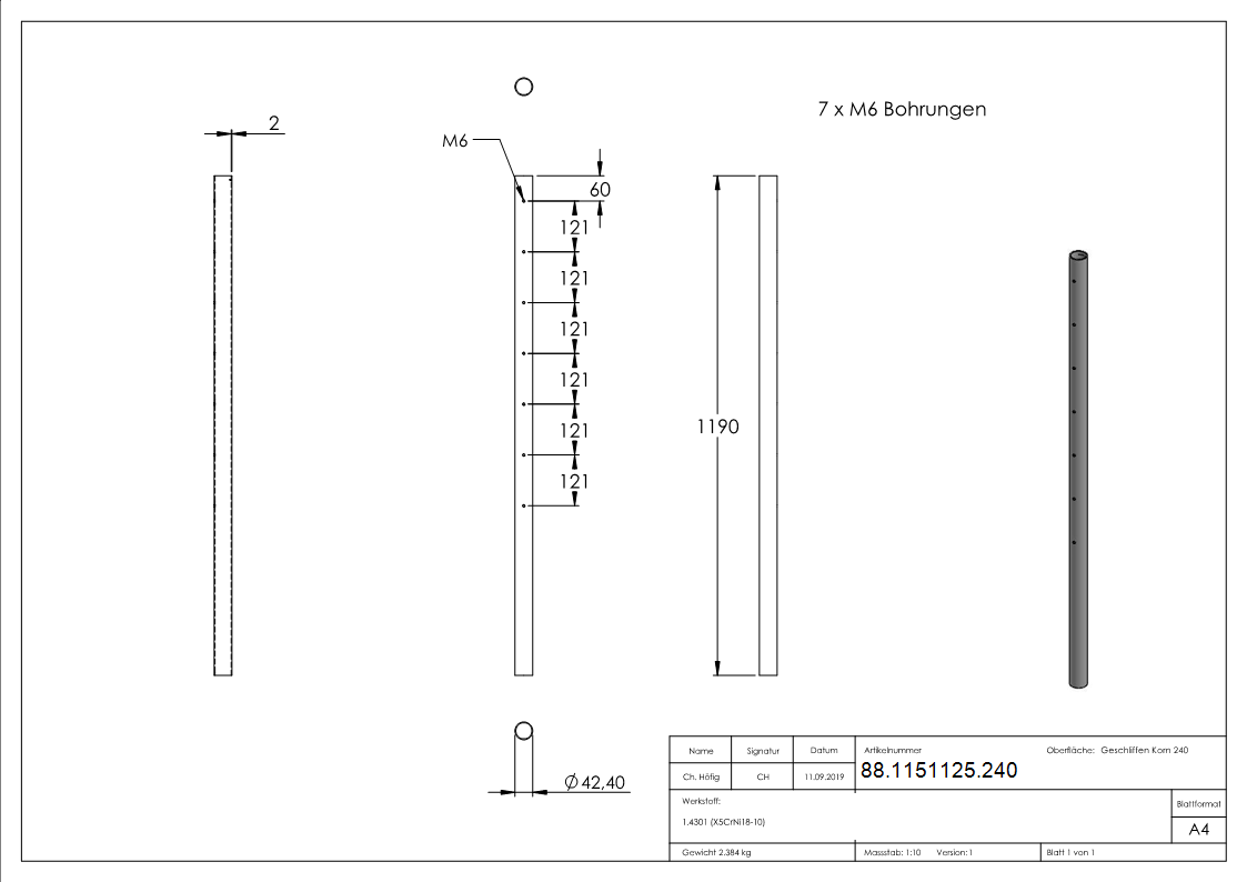 Edelstahlpfosten aus Rohr 42-4mm x 2-0mm- V2A-88-1151125.240