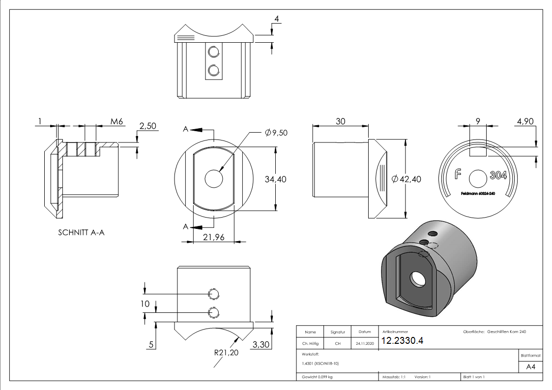 Adapter - fuer Nutrohr Ø 42-4 mm - V2A-12-2330.4