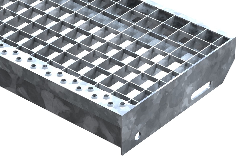 Marche en caillebotis Marche d'escalier | Dimensions : 900x270 mm 30/30 mm | S235JR (St37-2), galvanisé à chaud en bain complet