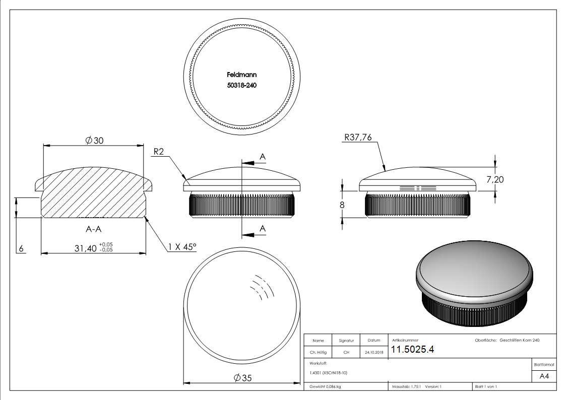 Bouchon légèrement bombé V2A matériau plein pour Ø 35,0x2,0 mm