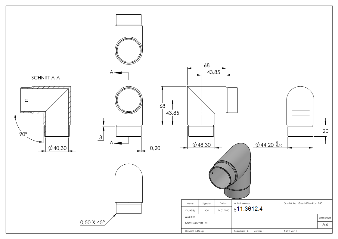 Coude d'angle 90°, pour tube rond Ø 48.3x2.0 mm V2A