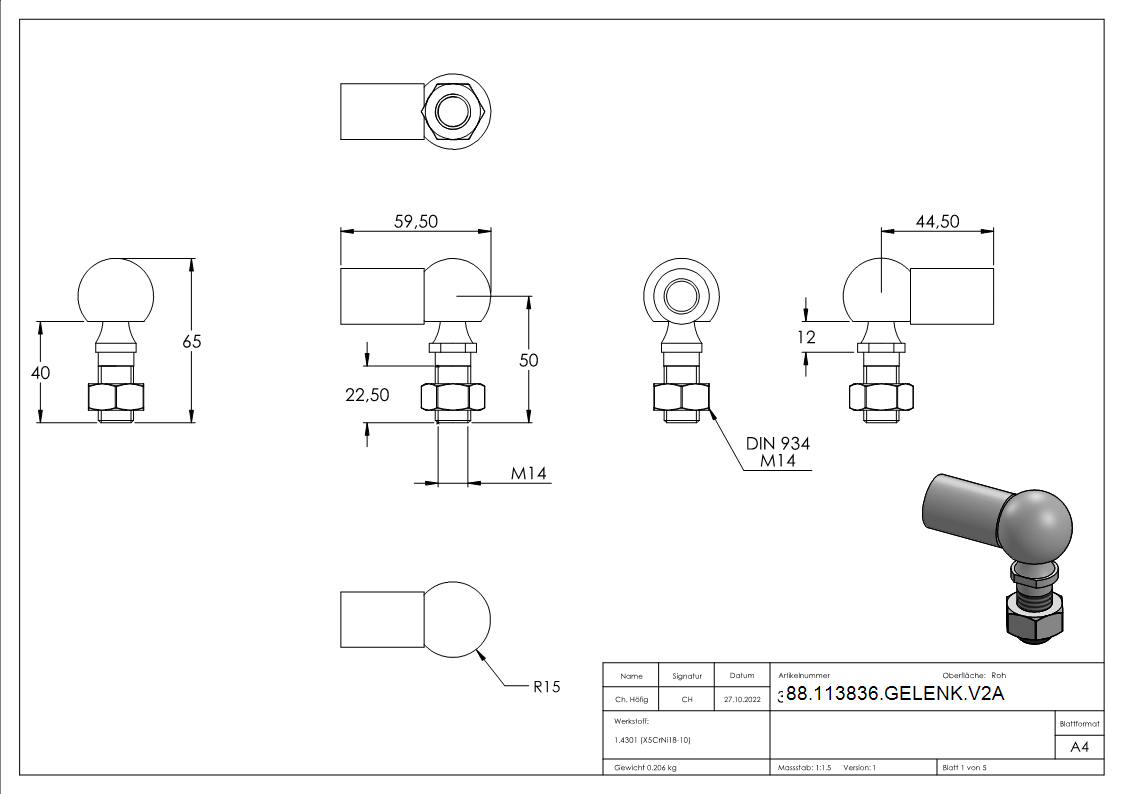 Kugelgelenk M14 x 2 mit Rechtsgewinde, ohne Schraube, V2A