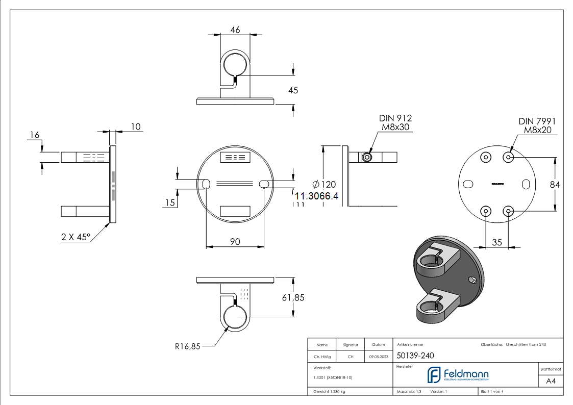 Fixation murale pour le serrage de tubes ronds Ø 33,7 mm V2A