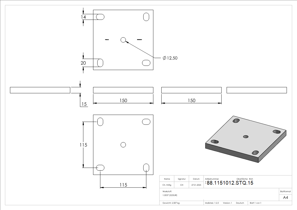 Ankerplatte Stahl roh 150 x 150 x 15 mm mit Langloechern und Mittelbohrung-88-1151012-STQ.15