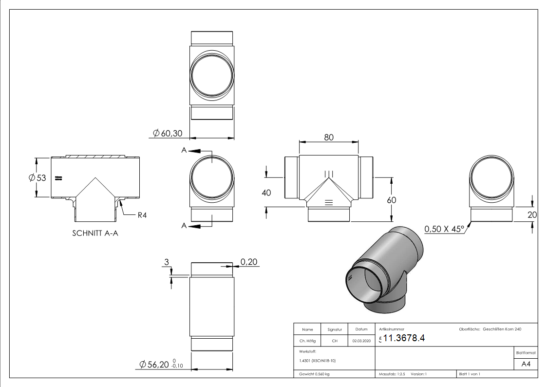 Pièce en T à sorties égales pour tube rond Ø 60.3x2.0 mm V2A