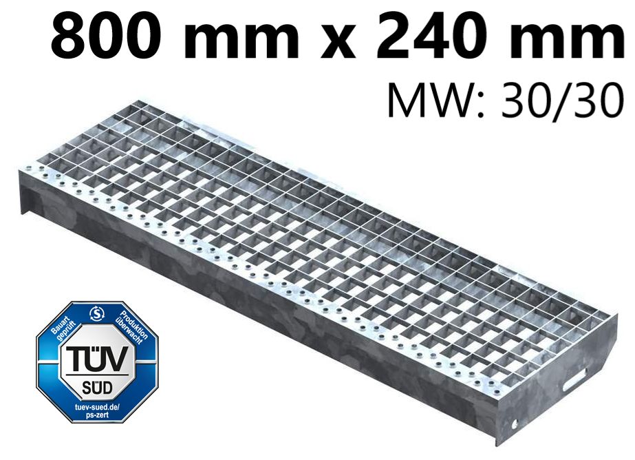 Marche en caillebotis Marche d'escalier | Dimensions : 800x240 mm 30/30 mm | S235JR (St37-2), galvanisé à chaud en bain complet