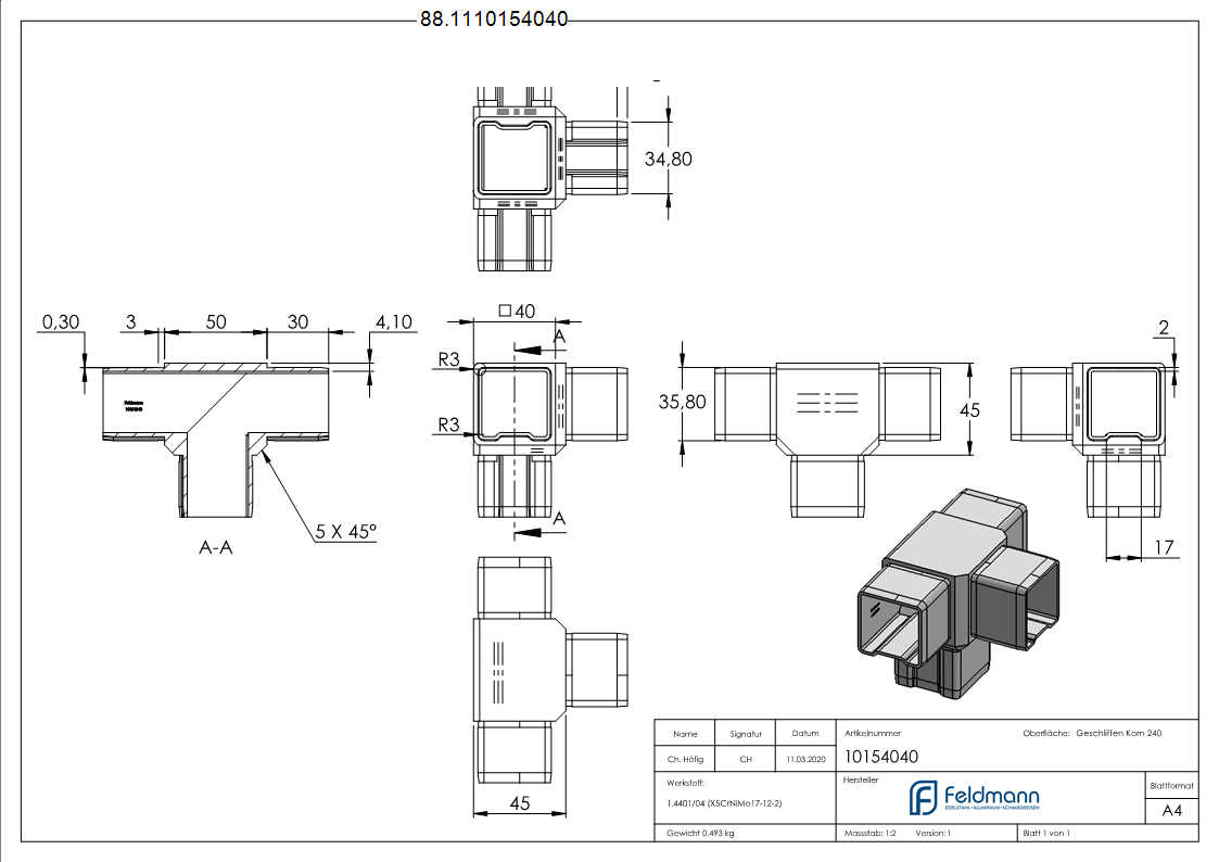 T-Steckverbinder V4A 40x40x2 mm-88.1110154040