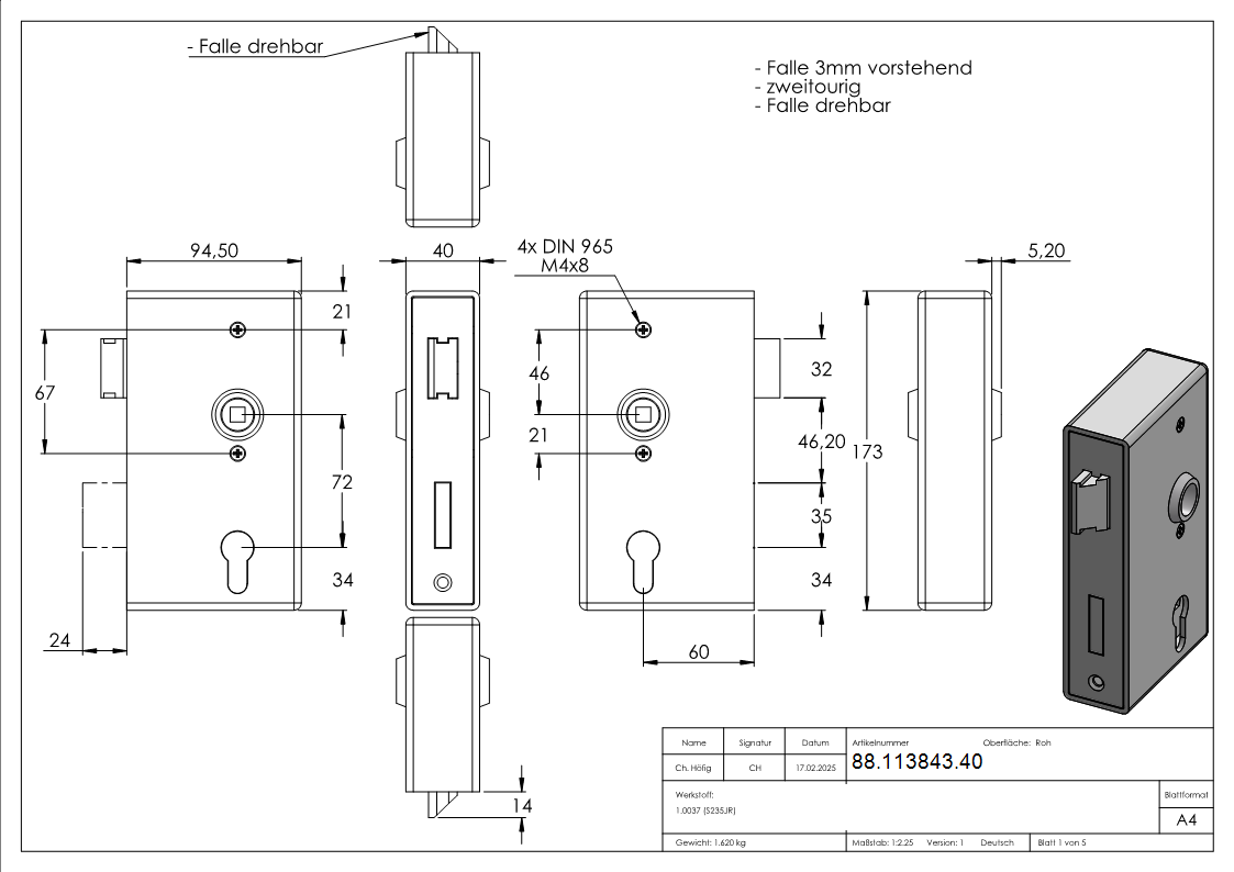 Kastenschloss verzinkt 40 x 94-5 x 173 mm Stulp Riegel Falle verzinkt-88-113843.40