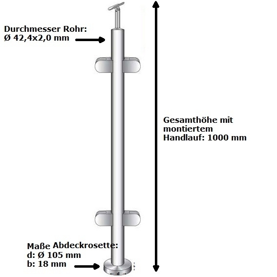 Gelaenderpfosten - Mittelpfosten - Laenge- 1000 mm - fuer aufgesetzte Montage - V2A-14-0055RG-A.4