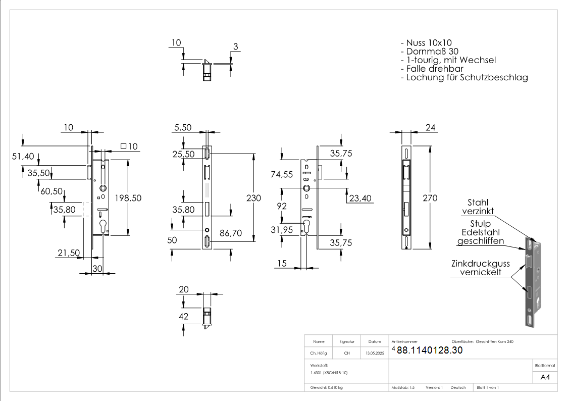Rohrrahmenschloss verzinkt mit Langloch- Abstand 92 mm verzinkt- Dornmass 30mm-88-1140128.30