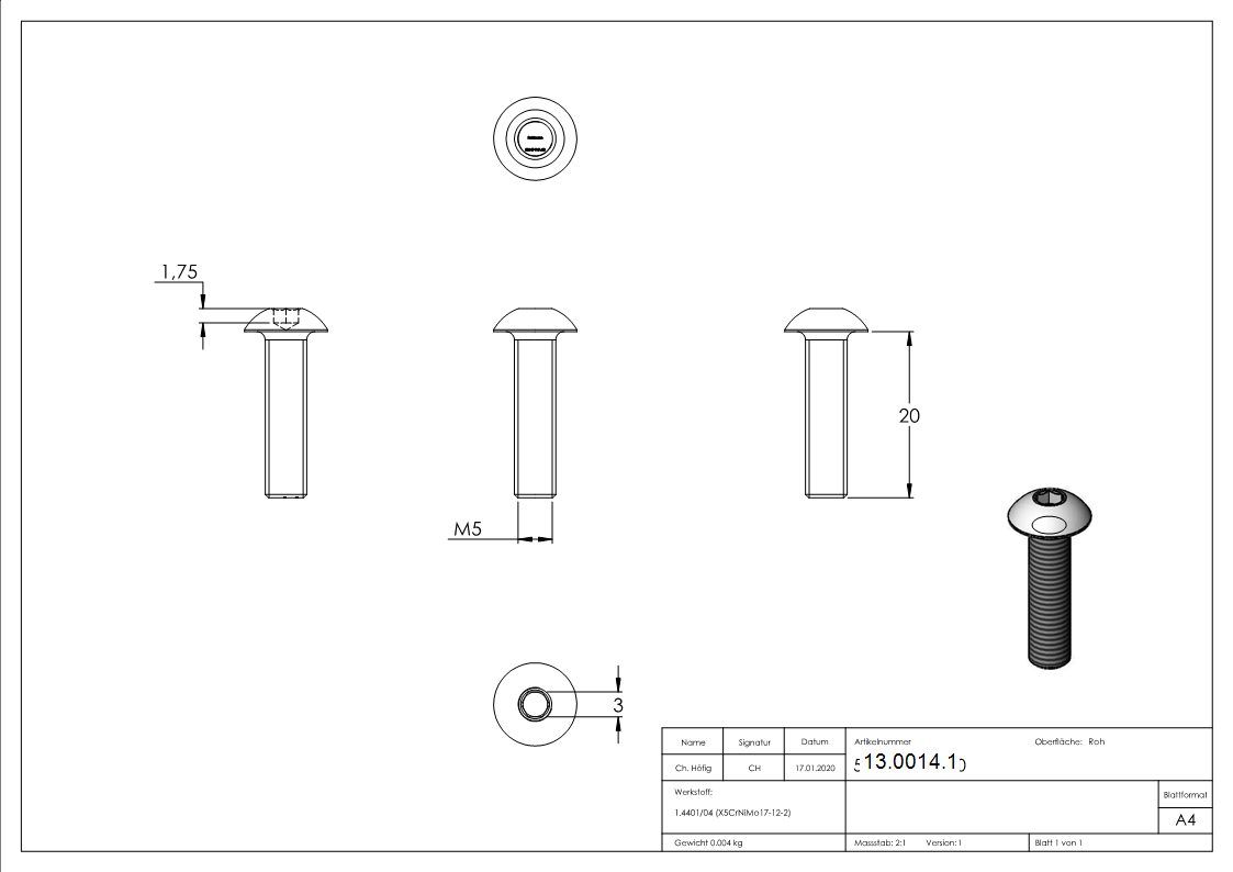 Vis à tête ronde M5x20 mm V4A