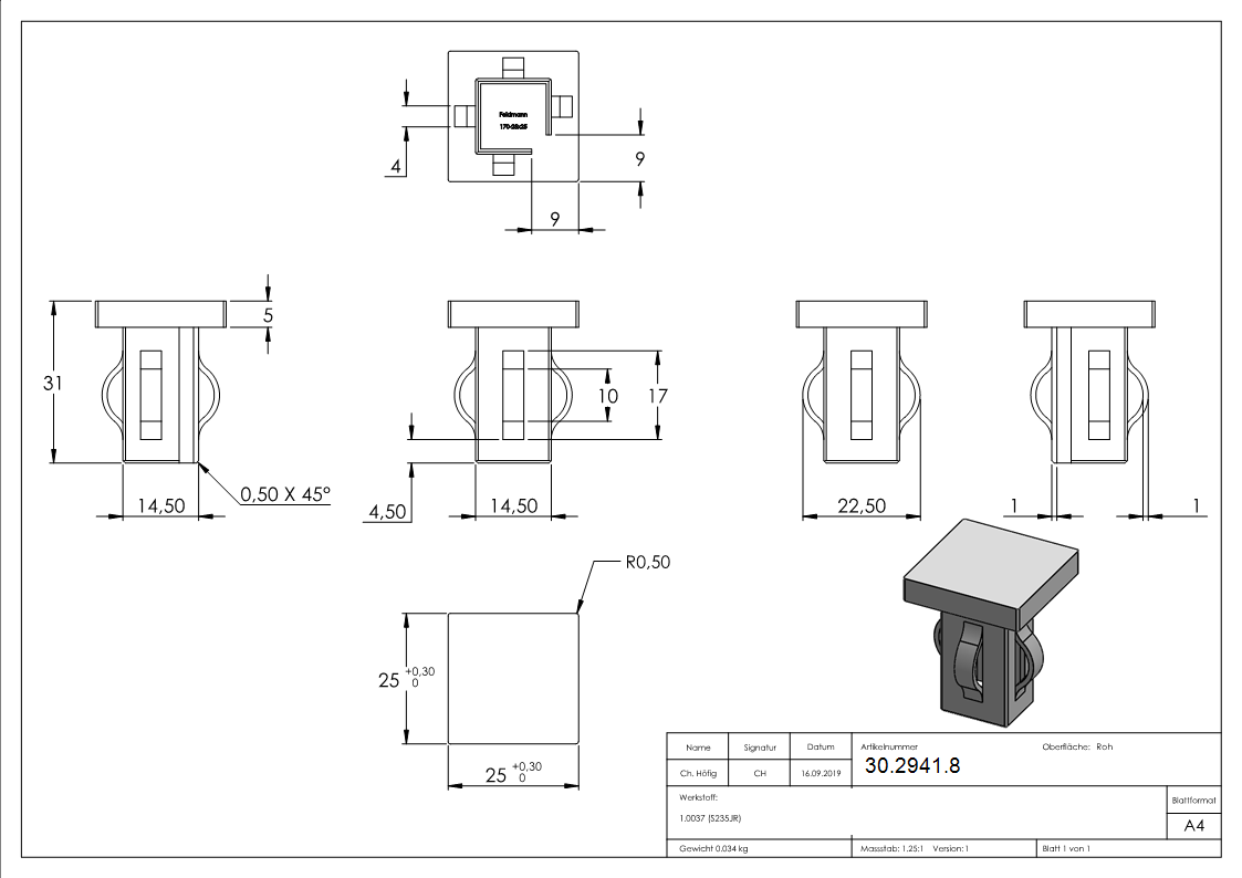 Stahlstopfen flach - fuer Rohr 25x25x1-5-2-0 mm - Stahl S235JR- roh-30-2941.8