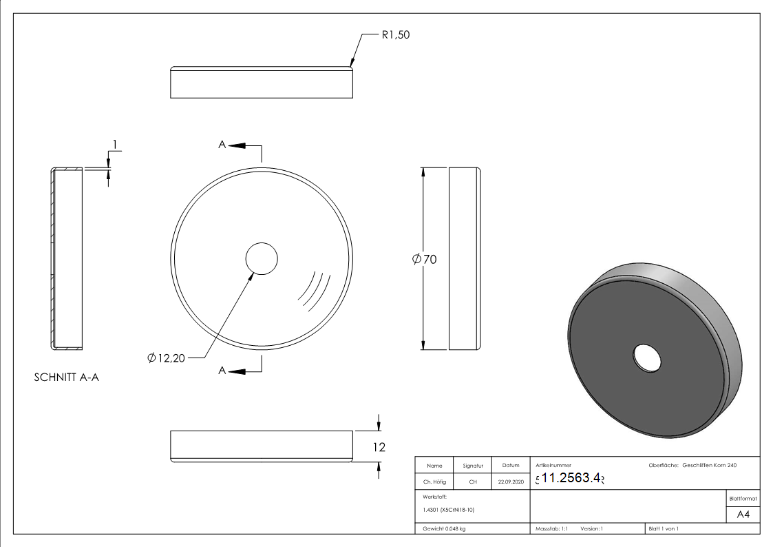 Abdeckrosette Ø 70x12 mm fuer Rundrohr Ø 12 mm V2A-11-2563.4