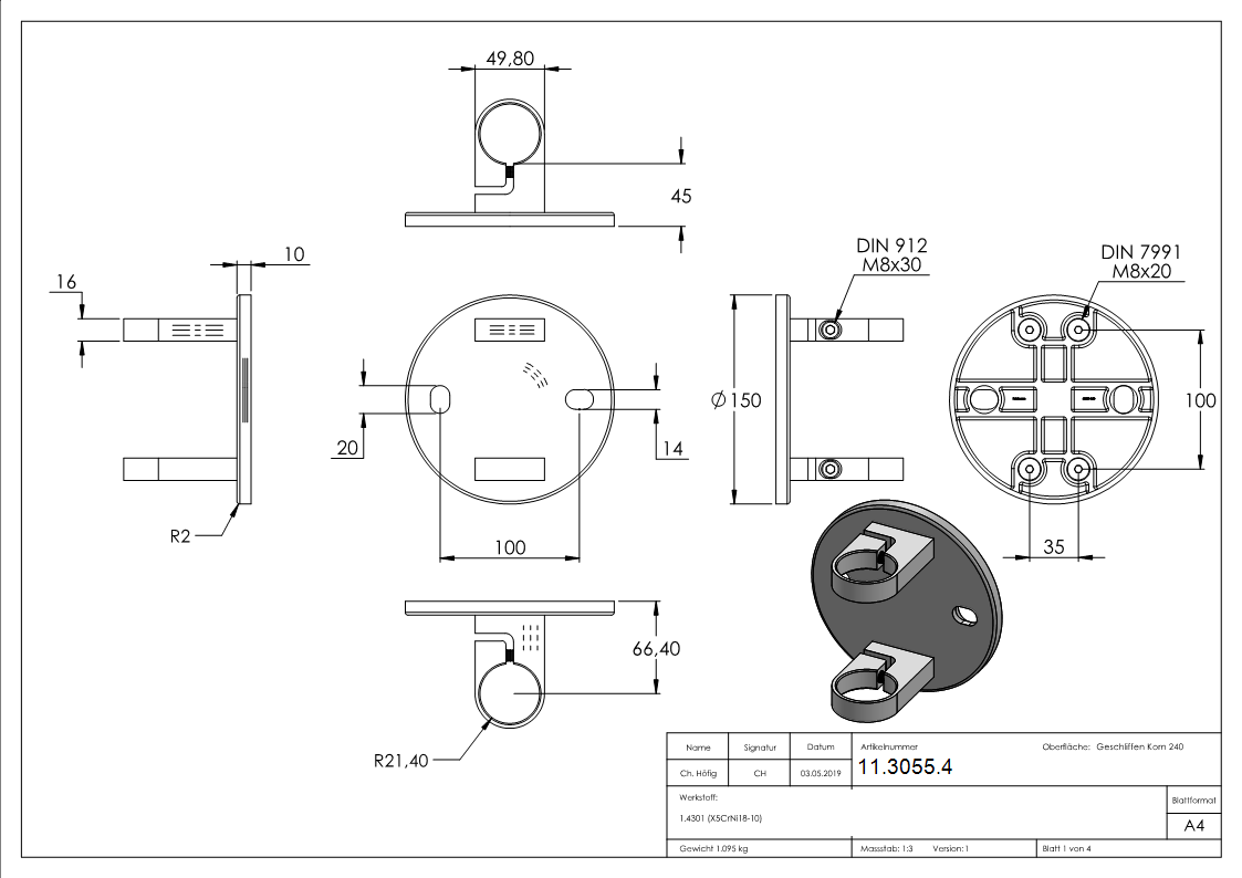Wandbesfestigung Ø 150 mm  fuer Rundrohr Ø 42-4 mm - V2A-11-3055.4