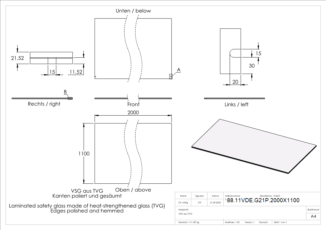 Eleganza canopy Glas- 2000x1100mm VSG aus 2x10mm TVG mit 1-52mm PVB-88-11VDE-G21P.2000X1100