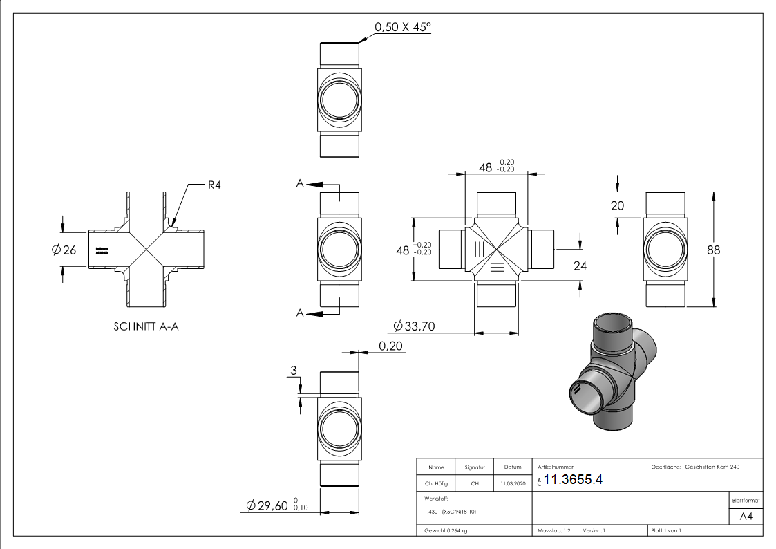 Traverse avec même sortie pour tube rond Ø 33.7x2.0 mm V2A