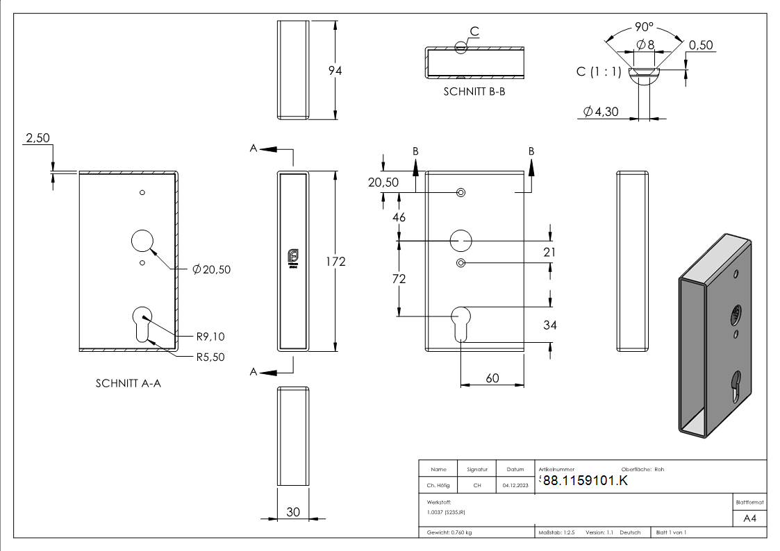 Schlosskasten Stahl 30 x 94-5 x 173 mm roh-88-1159101.K