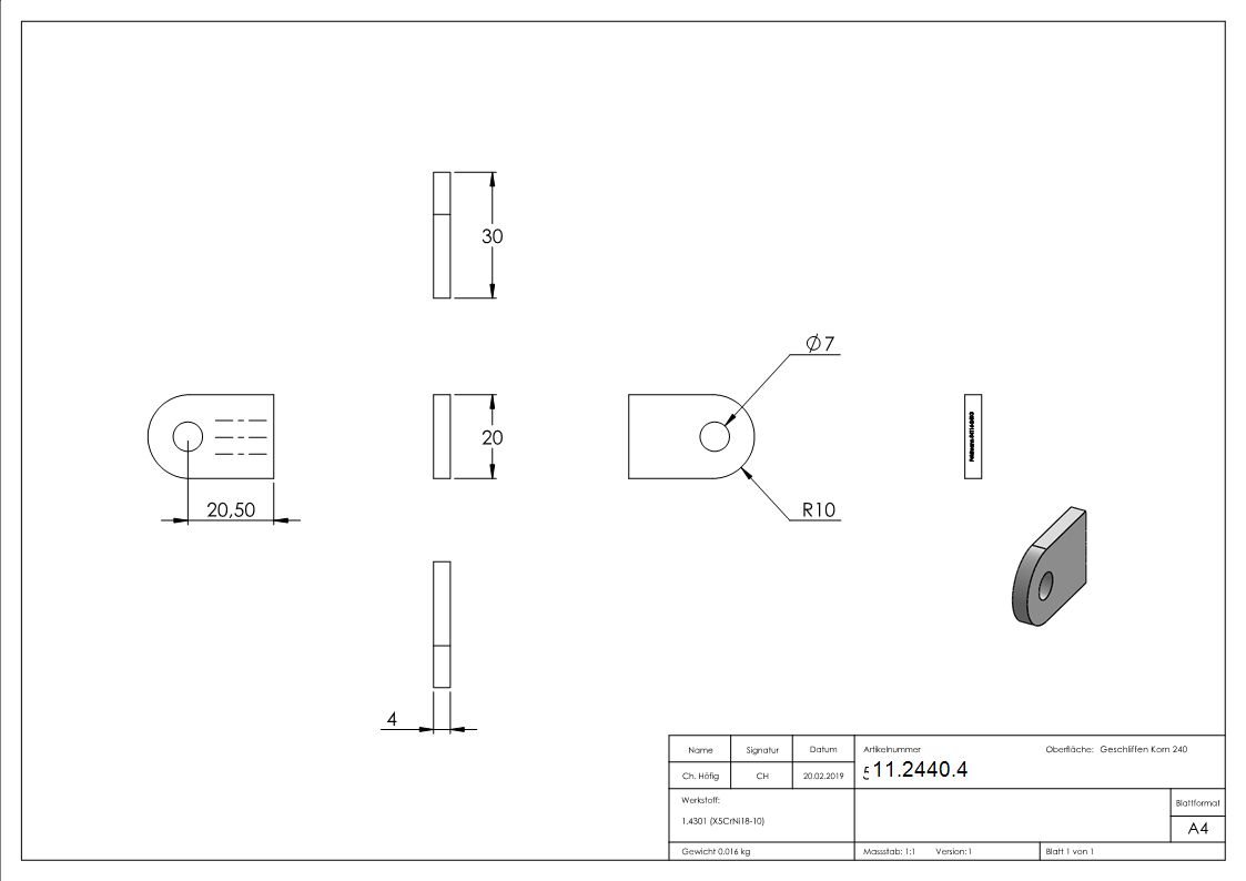 Anschweisslasche 30x20x4 mm mit Rundloch- Ø 7 mm V2A-11-2440.4