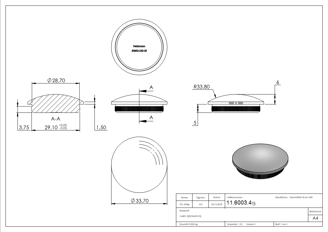 Einsteckkappe Edelstahl V2A fuer Rohr Ø 33-7 mm x 2-5 mm leicht gewoelbt zum Einschlagen-11-6003.4
