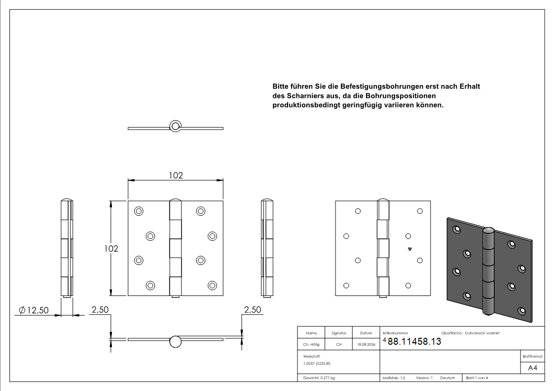 Scharnier Stahl verzinkt 102 x 102 x 2-5 mm mit herausnehmbarem Zapfen-88-11458.13