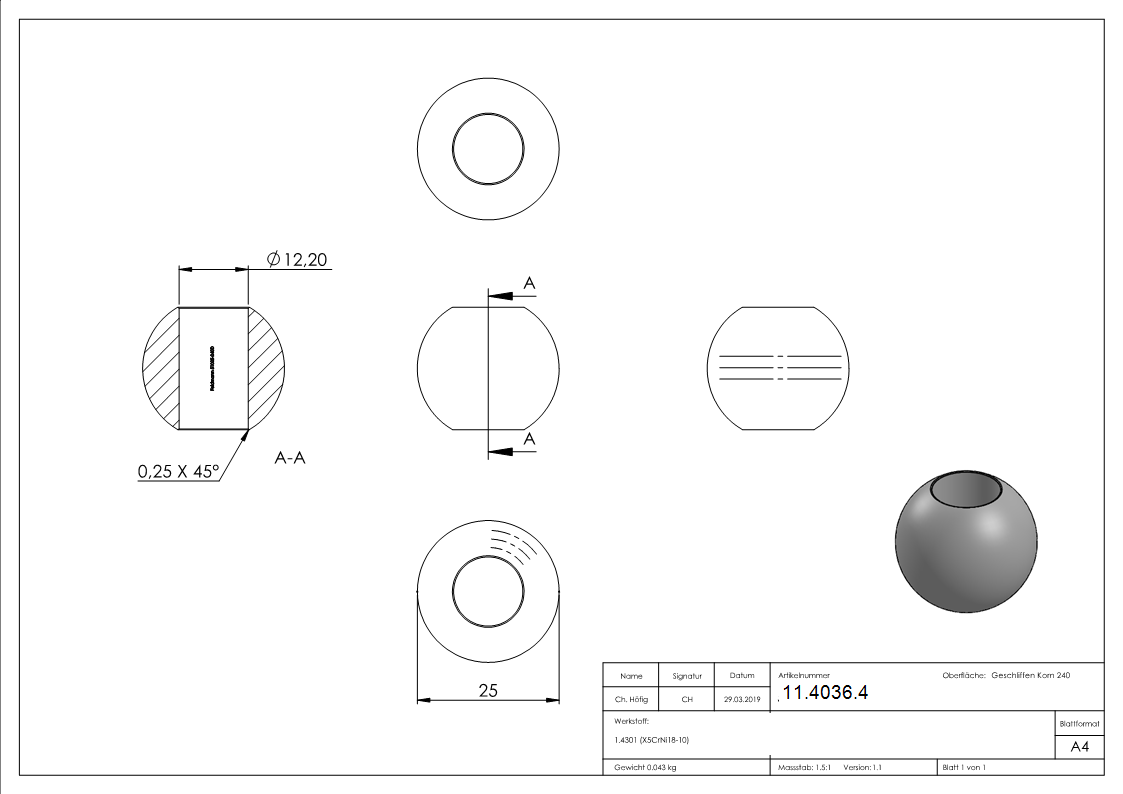 Kugel - Ø 25 mm - mit Durchgangsbohrung- 12-2 mm - V2A-11-4036.4