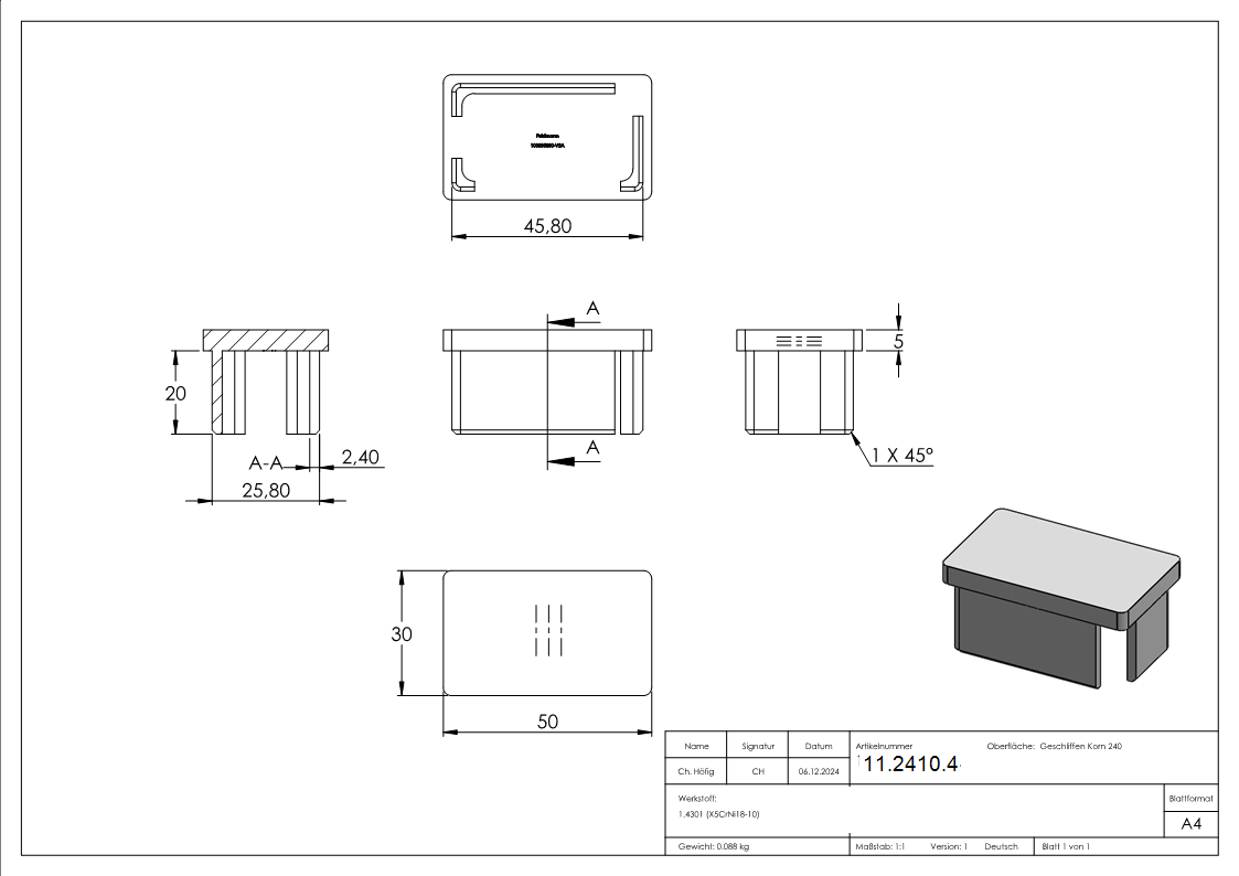 Einsteckkappe Edelstahl V2A fuer Rechteckrohr 50 x 30 mm- Wandstaerke 2-0 mm-11-2410.4