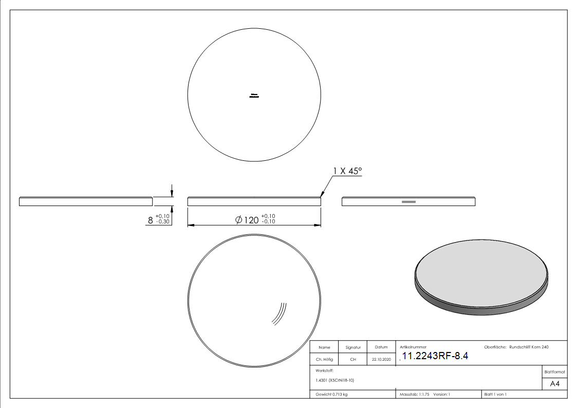 Ebauche circulaire | dimensions : Ø 120x8 mm | avec biseau rond | V2A