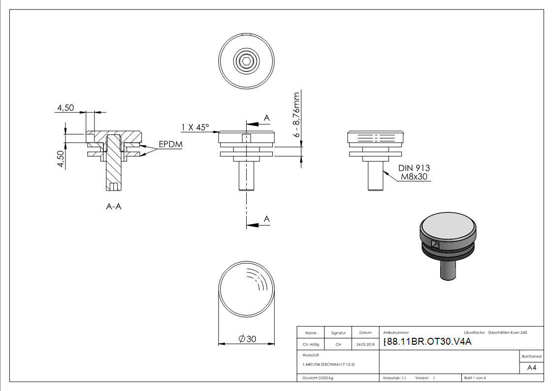 Partie supérieure Ø 30mm pour support Brenk, V4A