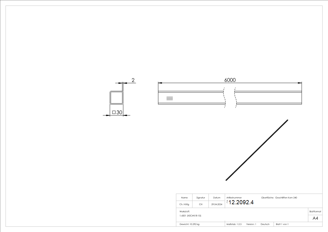 Vierkantrohr 30x30x2-0 mm á 6 m Edelstahl-12-2092.4