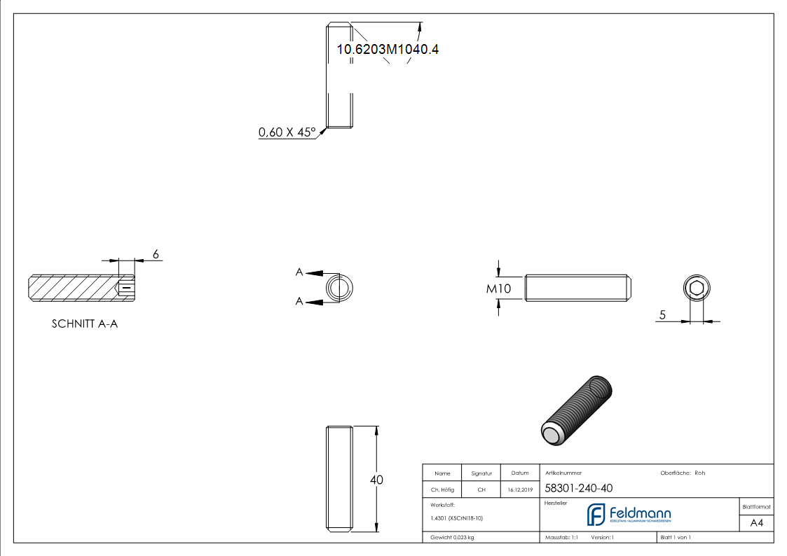 Gewindestift V2A Edelstahl M10x40 DIN 913 Kegelkuppe-10-6203M1040.4