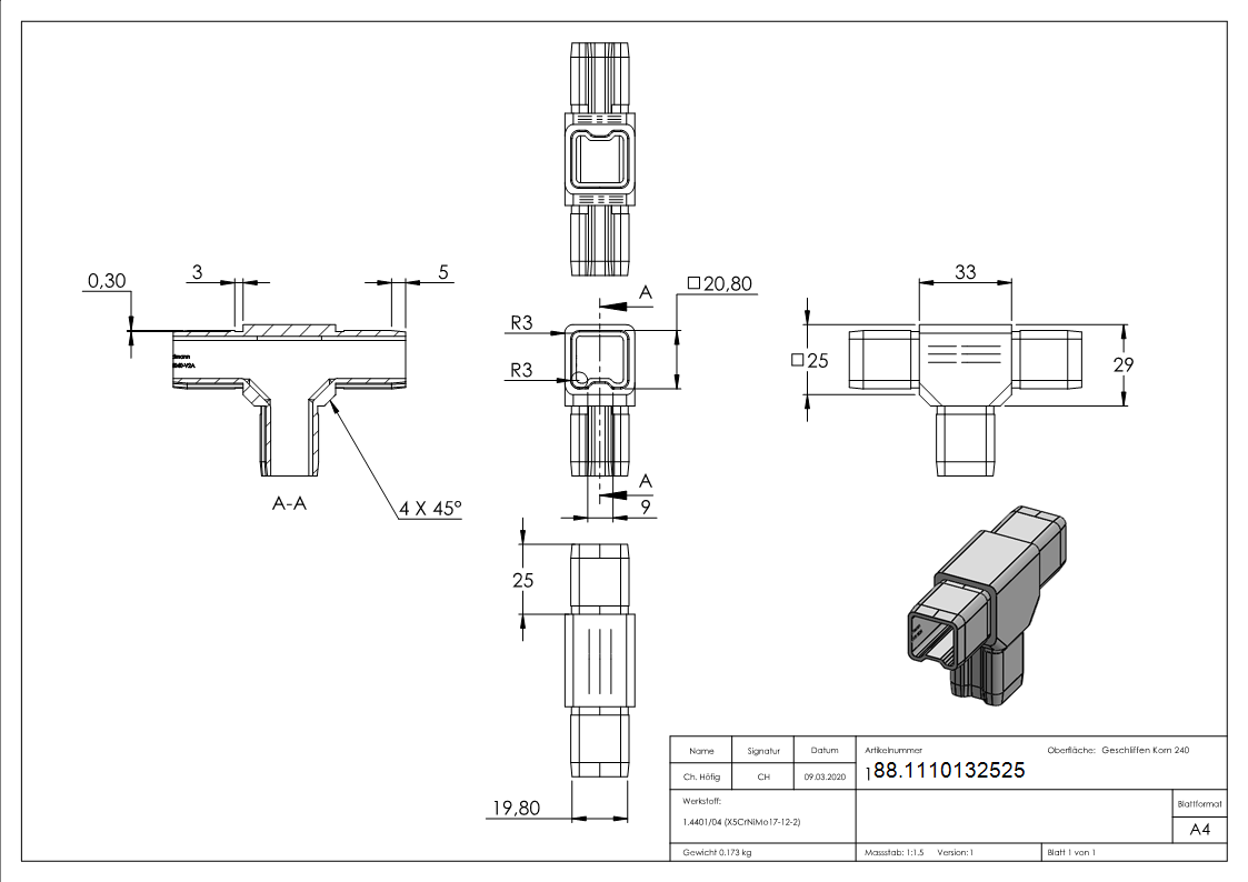 Connecteur pour tube 25x25x2mm, V4A