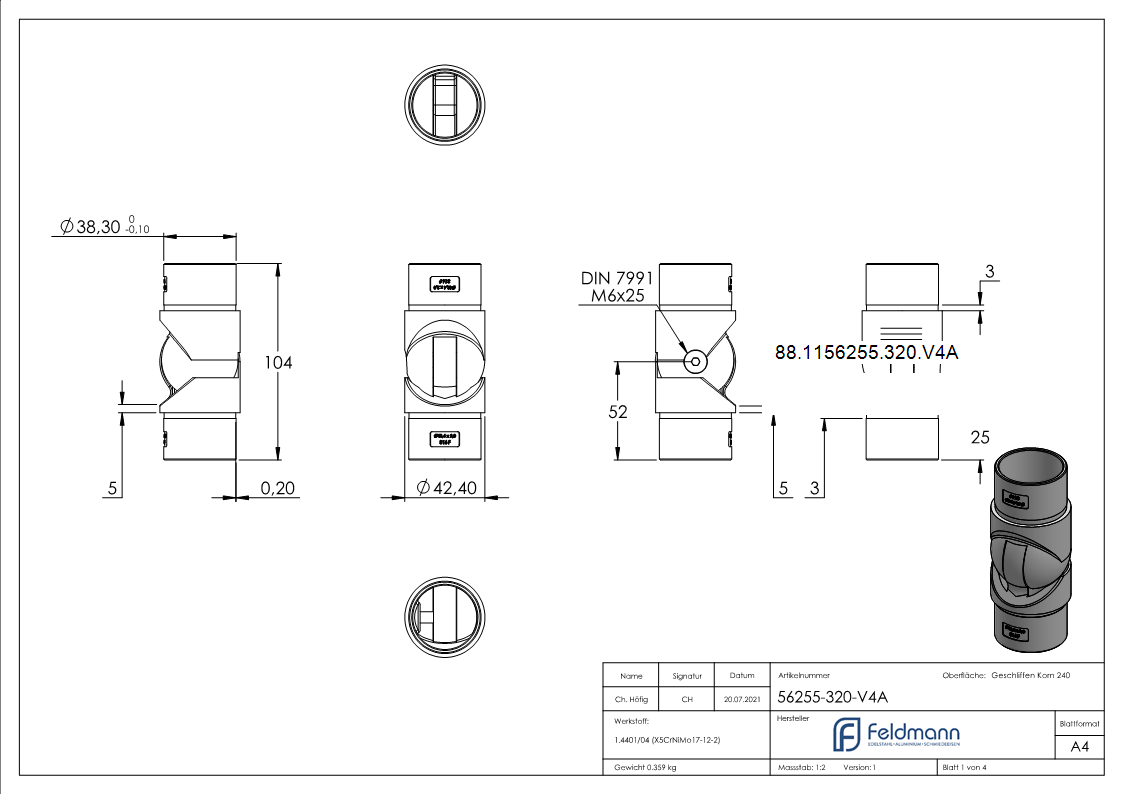 Pièce d'articulation creuse pour câble, pour tube 42,4 x 2,0mm