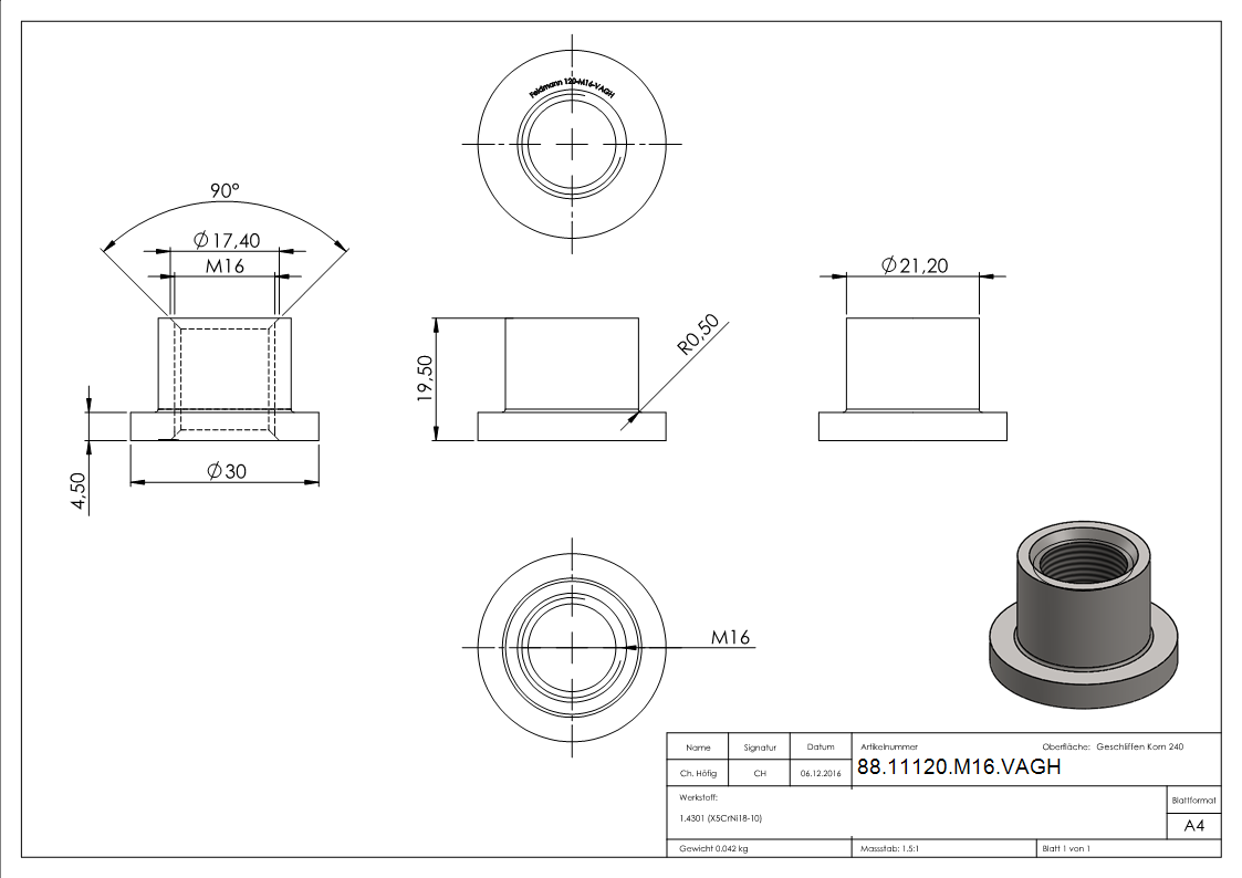 Gewindehuelse Edelstahl V2A M16 fuer Torband-88-11120-M16.VAGH