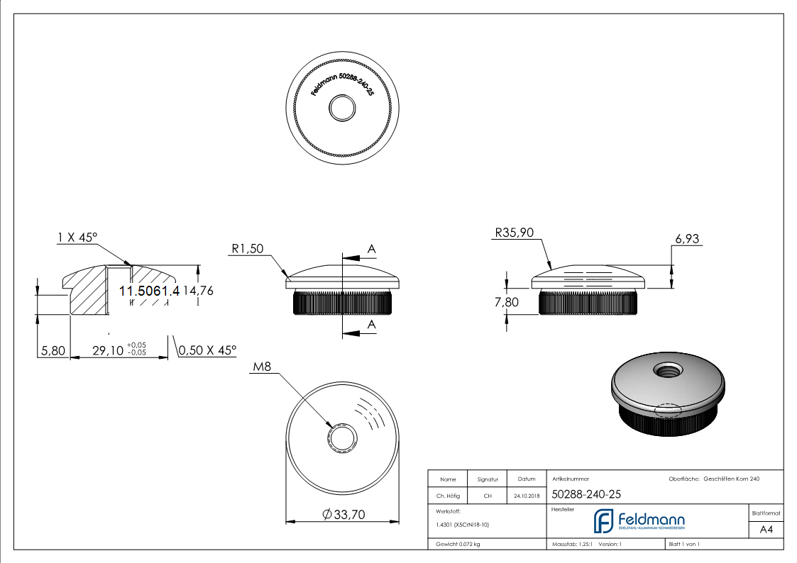 Rohrstopfen fuer Ø 33-7x2-5 mm leicht gewoelbt zum Einschlagen mit M8  V2A-11-5061.4