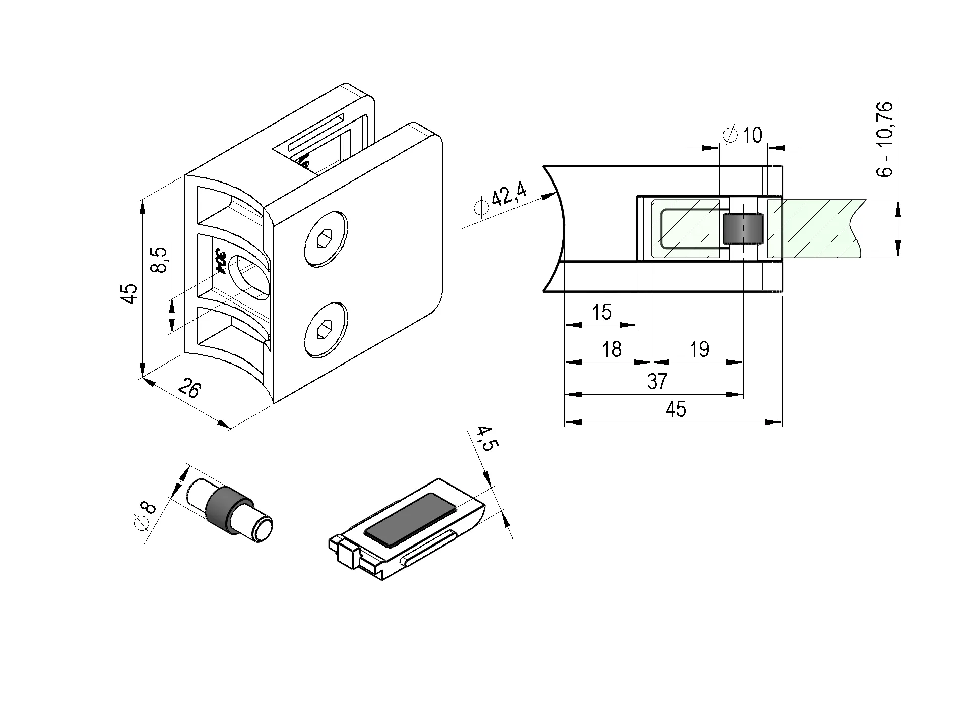 Glasklemme - Masse- 45x45x25 mm - fuer Anschluss- Ø 42-4 mm - Inkl- Stift und SICHERUNGSBODEN-18-2142S-A.4