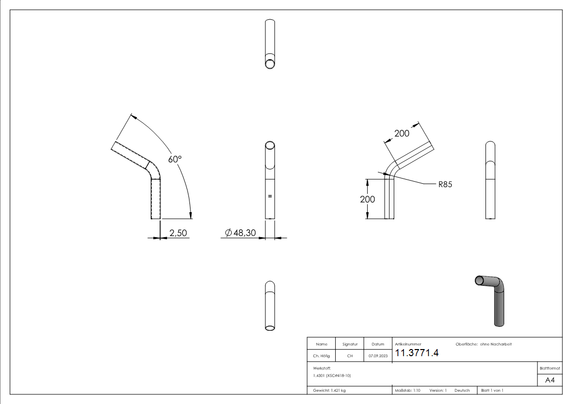 Bogen 60° zum Schweissen aus Rundrohr- Ø 48-3x2-6 mm V2A-11-3771.4