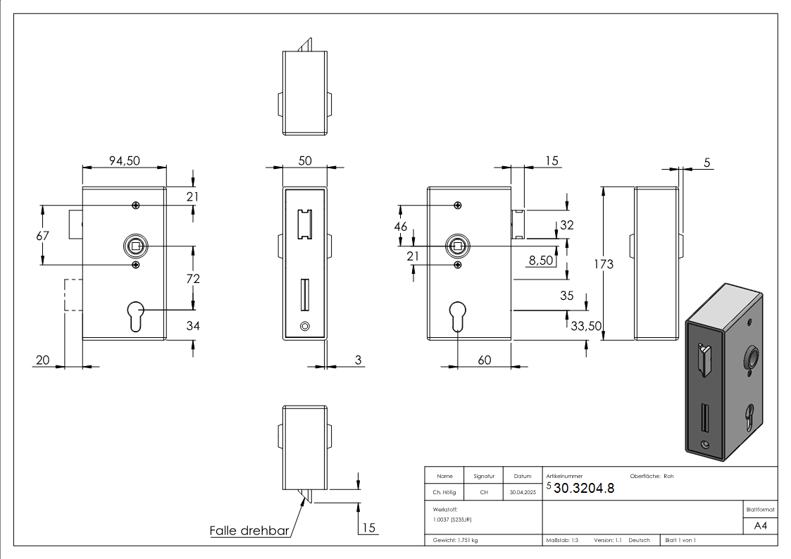 Kastenschloss Edelstahl geschliffen 50 x 94-5 x 172 mm mit verzinktem Schloss-30-3204.8