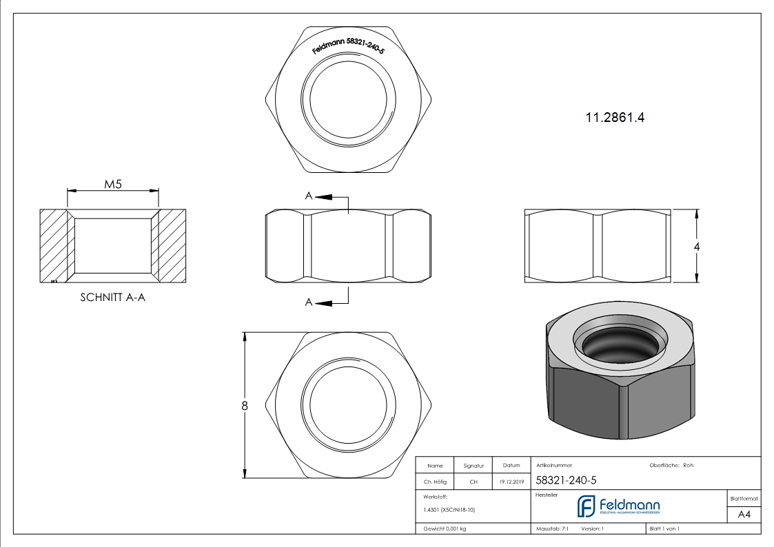 Ecrou hexagonal | Filet à droite | Filet M5 | DIN 934, A2 | V2A