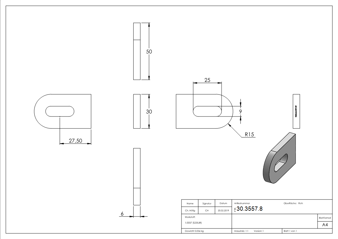 Anschweisslasche Stahl 50 x 30 x 6 mm Langloch 25 x 9 mm-30-3557.8