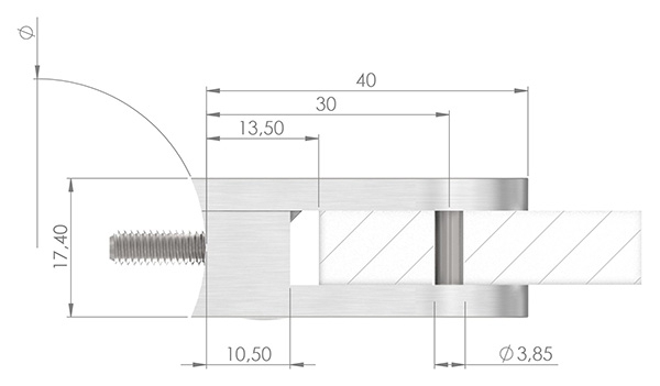 Glasklemme 40x28x17-4 mm Ø 33-7 mm- fuer 8-76 mm VSG Glas-10-MODELL16-3.8