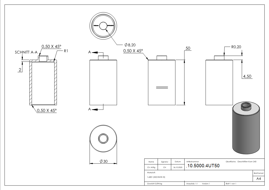 Porte-verre partie inférieure Ø 30 mm V2A avec 50 mm de hauteur