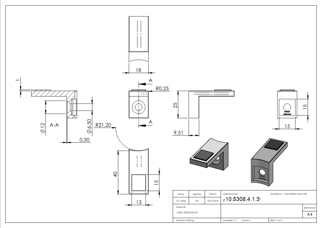 Halteboden fuer Glas Anschluss Ø 42-4 mm - Edelstahl V2A-10-5308-4-1.3