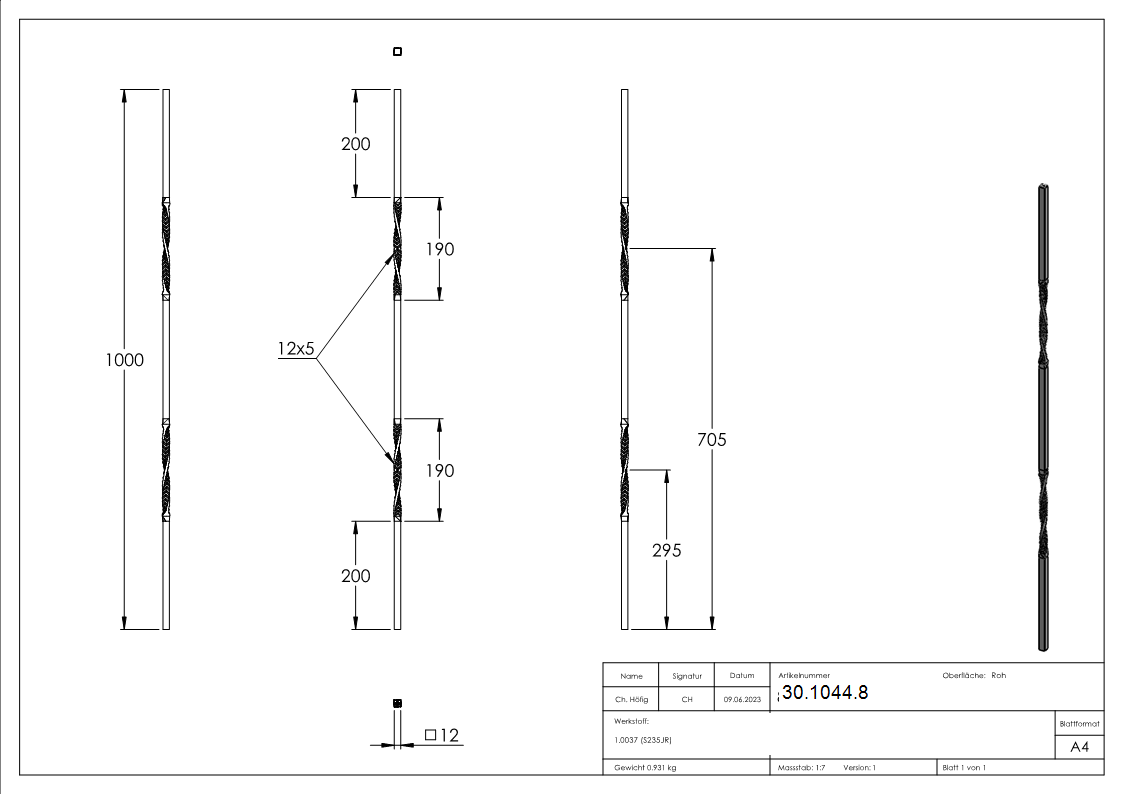 barre intermédiaire | longueur : 900 mm | matériau : 12x12 mm | lisse | acier S235JR, brut