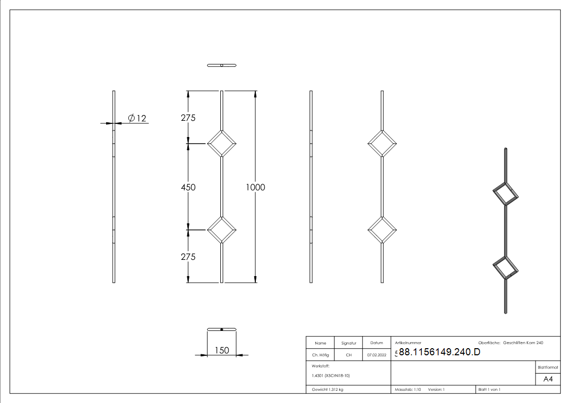 Tige décorative de Ø 12mm, avec 2x carré, longueur 1000mm, V2A