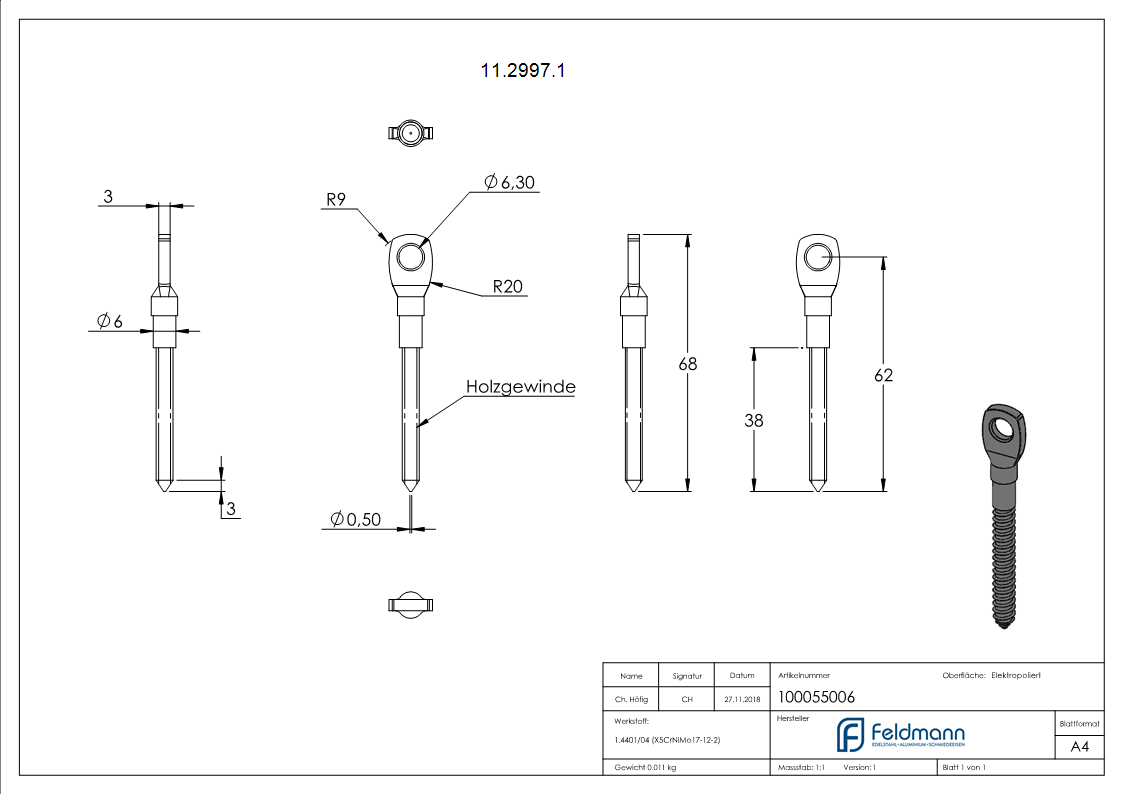 Augenschraube V4A Holzgewinde 6 mm mit flachem Kopf-11-2997.1