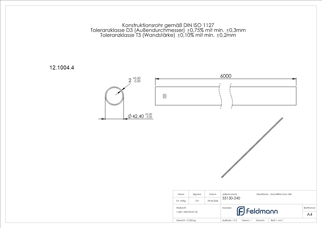 Rundrohr Ø 42-4x2-0 mm á 6 m V2A Edelstahl-12-1004.4