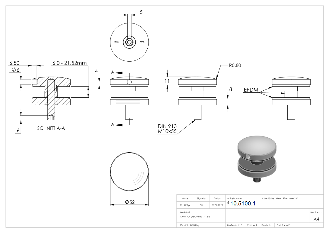 Glaspunkthalter Ø 52 mm- V4A- Anschluss- Flach-10-5100.1