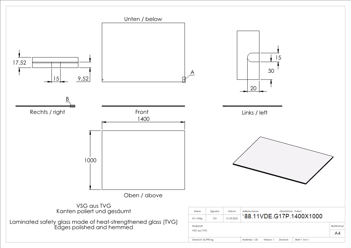 Eleganza canopy Glas- 1400x1000mm VSG aus 2x8mm TVG mit 1-52mm PVB-88-11VDE-G17P.1400X1000